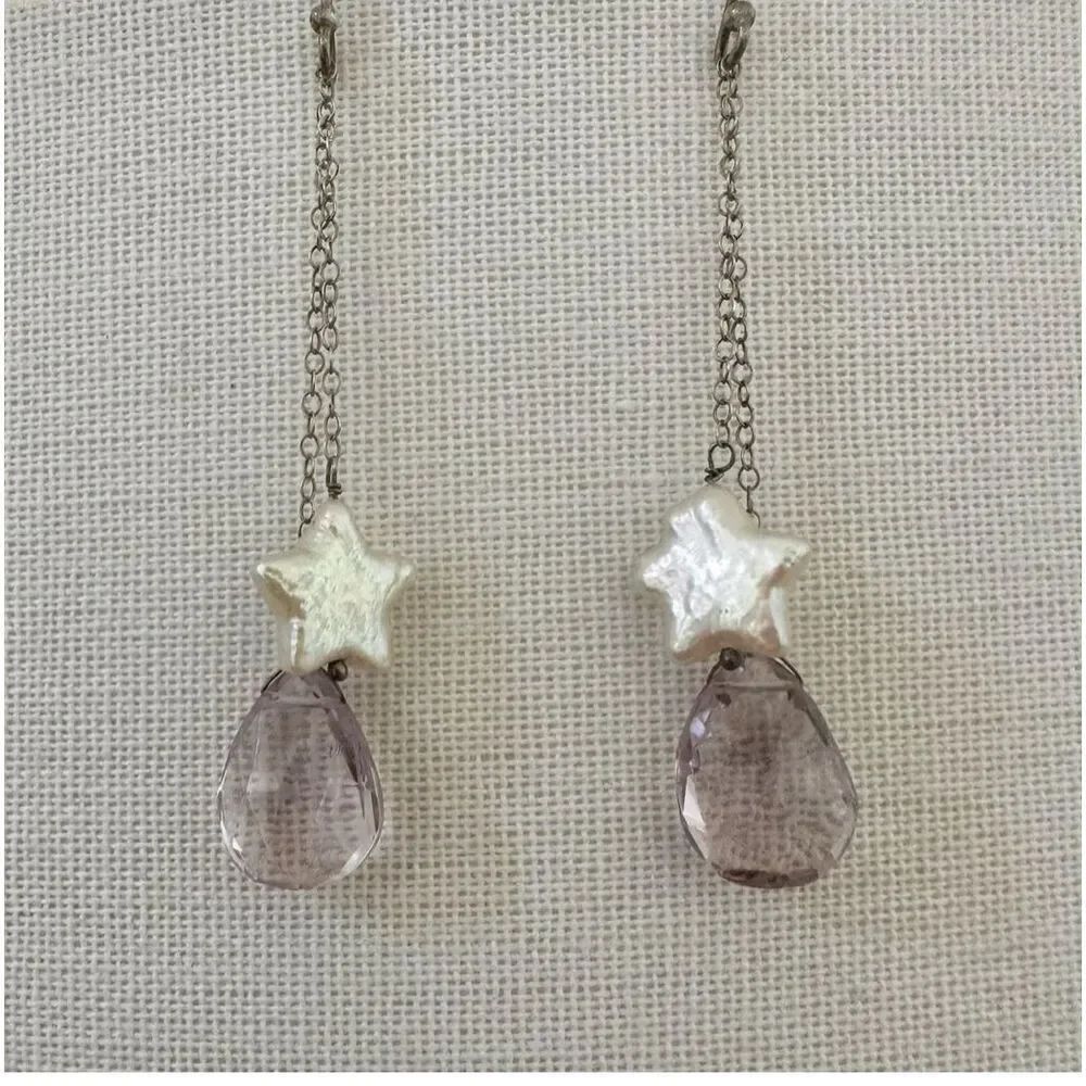 Sterling silver purple teardrop star drop chain earrings